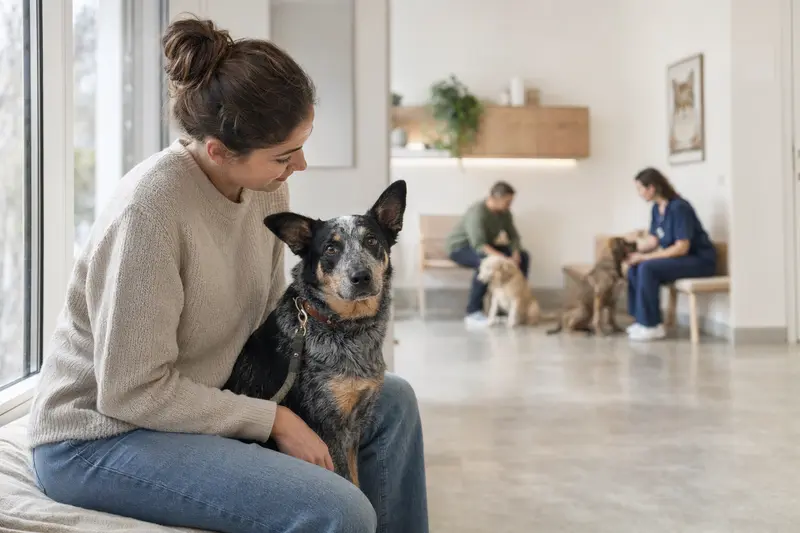 Ein ruhiger Australian Cattle Dog sitzt neben seinem Besitzer im modernen Wartezimmer einer Tierarztpraxis.